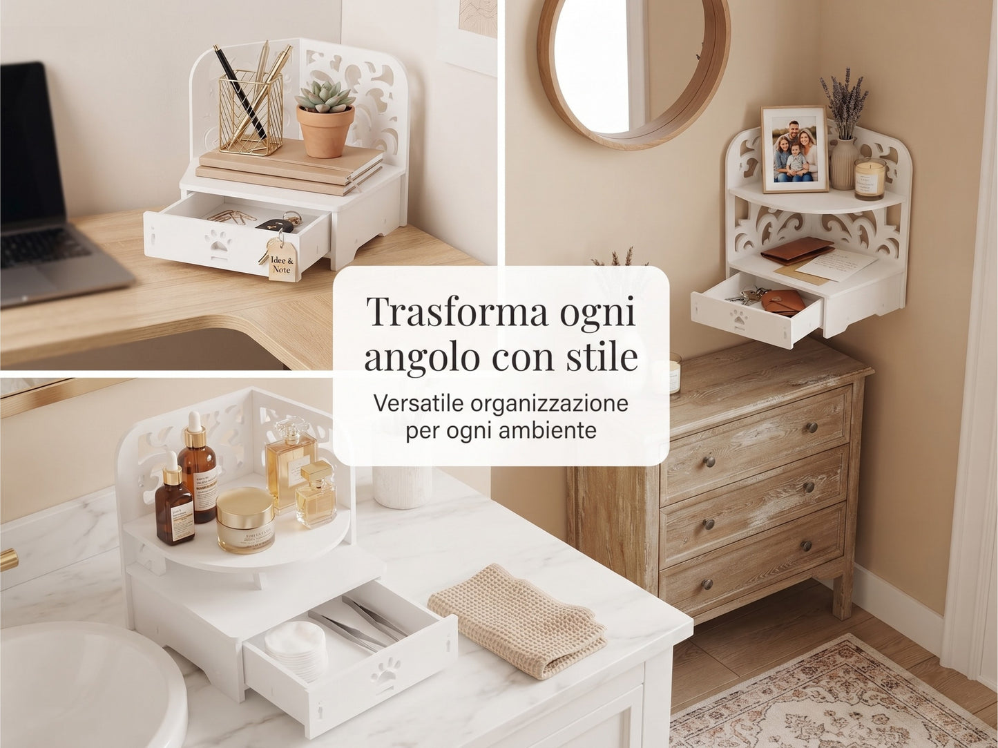 Scaffale Angolare Multifunzione con Cassetto - Organizzatore Salvaspazio per Casa e Ufficio (22x35x22cm)