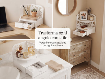 Scaffale Angolare Multifunzione con Cassetto - Organizzatore Salvaspazio per Casa e Ufficio (22x35x22cm)