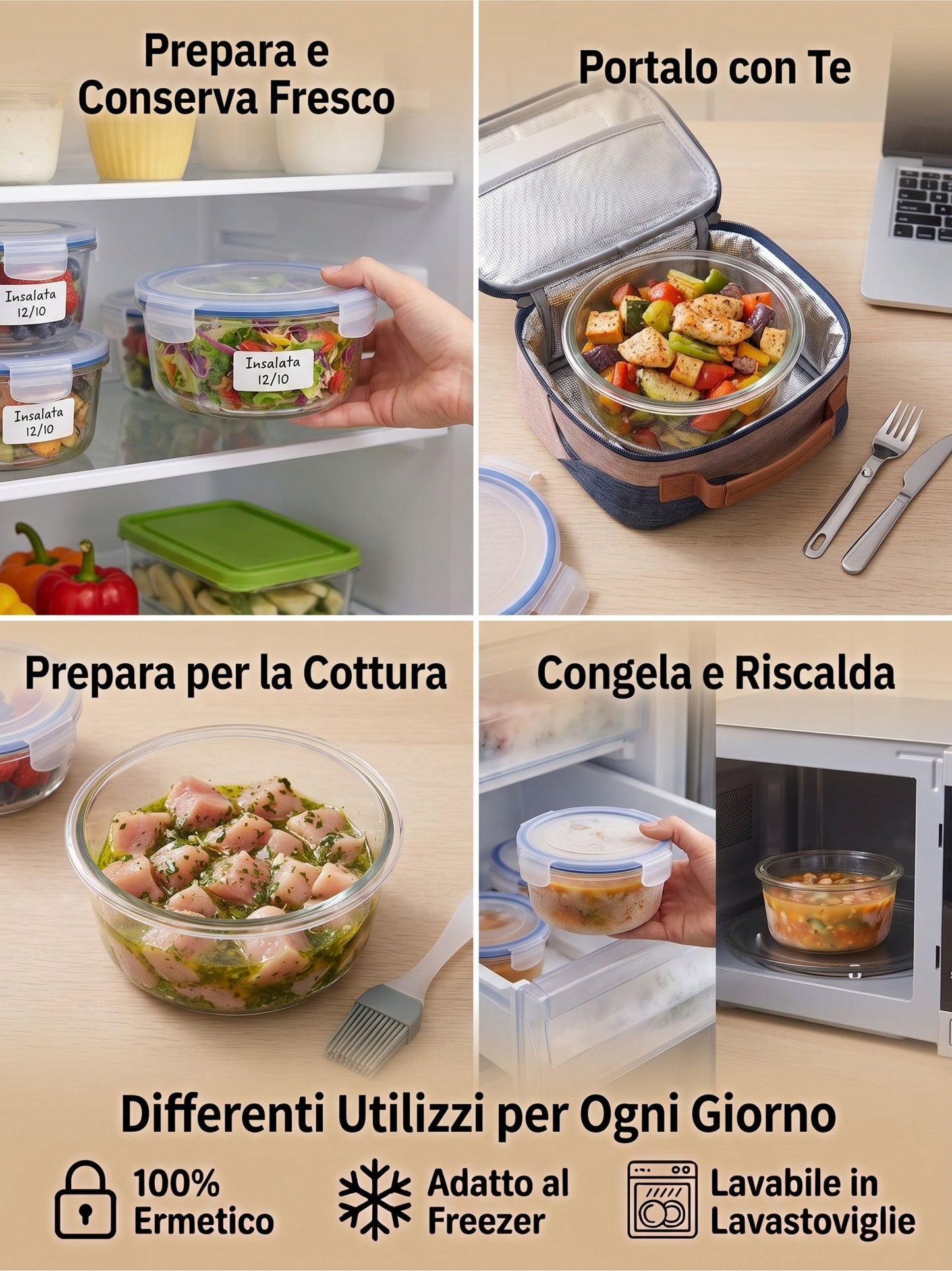Set 3 Contenitori Ermetici Rotondi in Vetro (390ml, 650ml, 960ml)