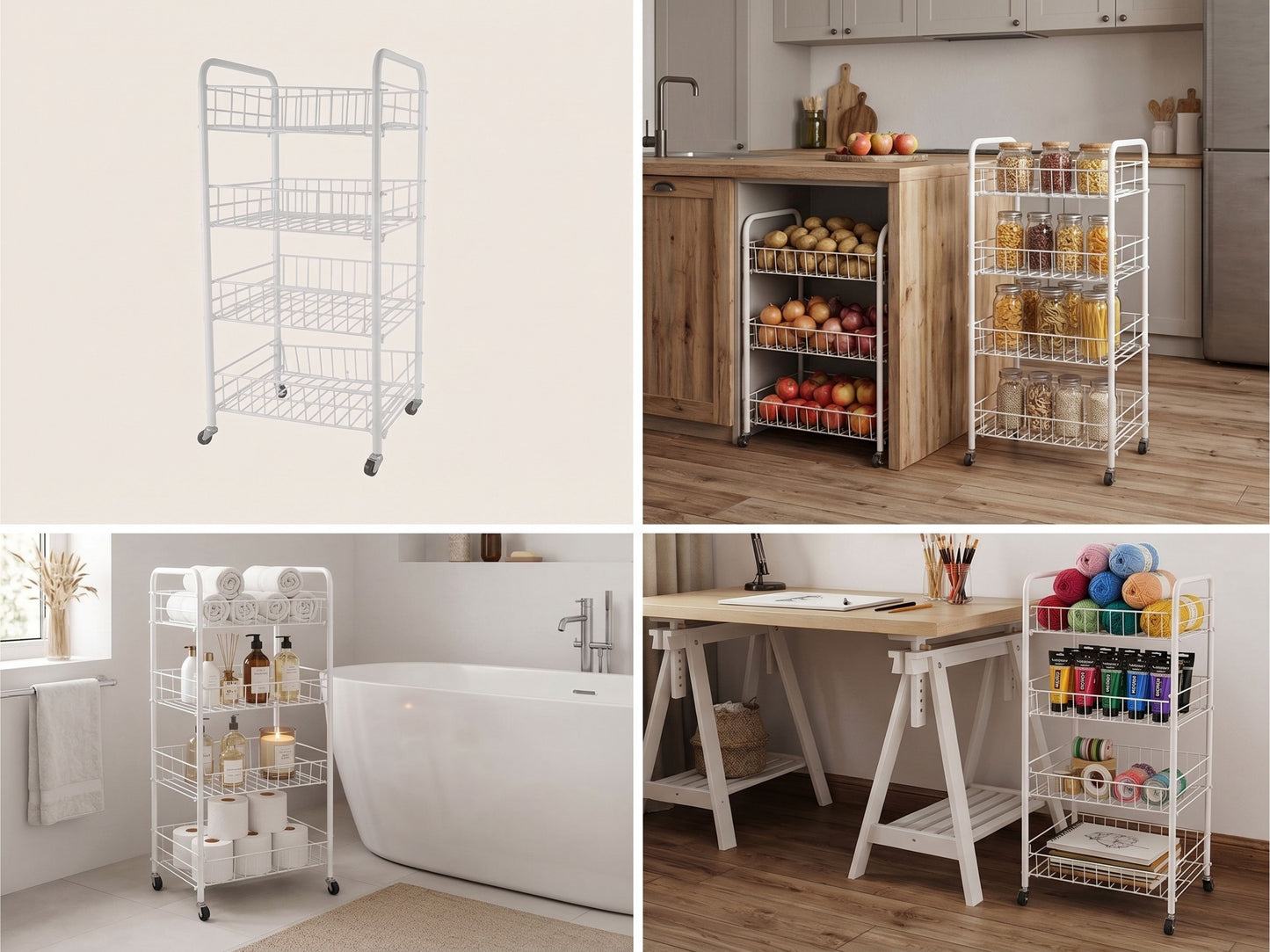 Carrello Salvaspazio a 4 Ripiani con Ruote per Cucina e Bagno, Bianco - 37.5x31.5x76 cm