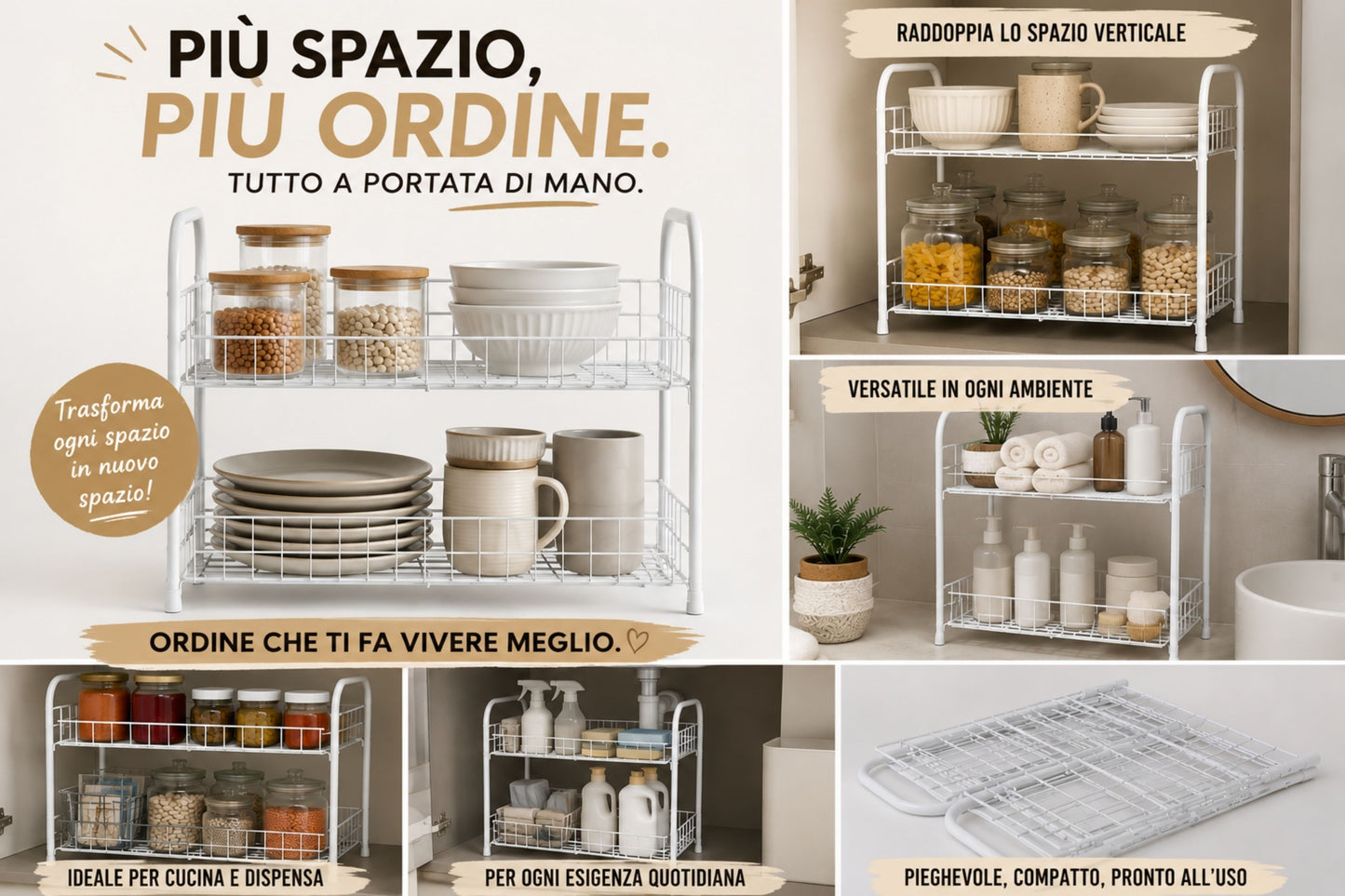 Organizer a 2 Ripiani in Metallo per Cucina e Bagno, Bianco - 32x20x36 cm