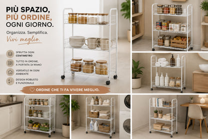 Carrello Salvaspazio a 3 Ripiani con Ruote per Cucina e Bagno, Bianco - 37.5x26x67 cm