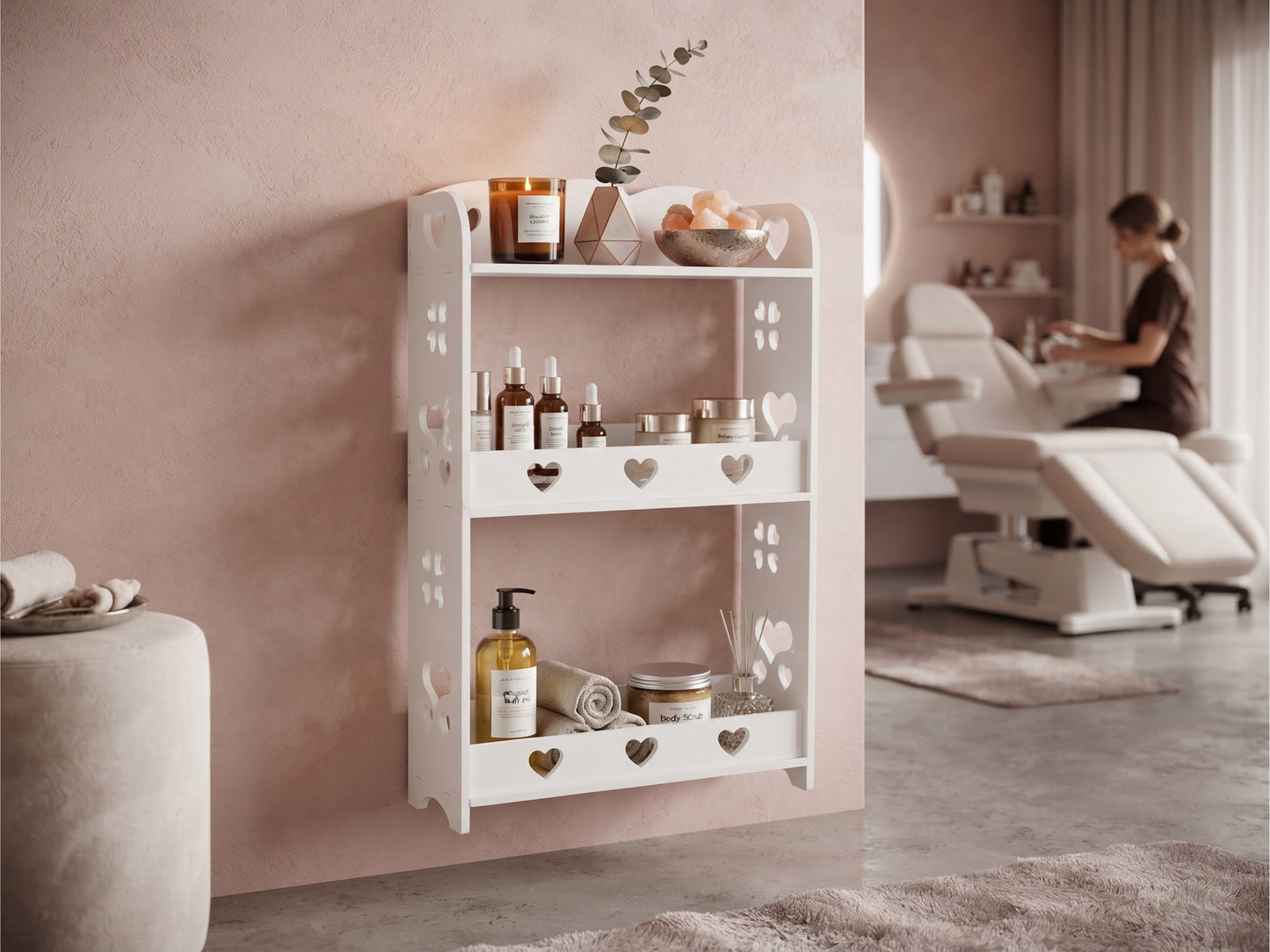 Scaffale a Ripiani - Organizzatore Multiuso Bianco con Decorazioni a Cuori, Mensola Salvaspazio (34x62x15cm)