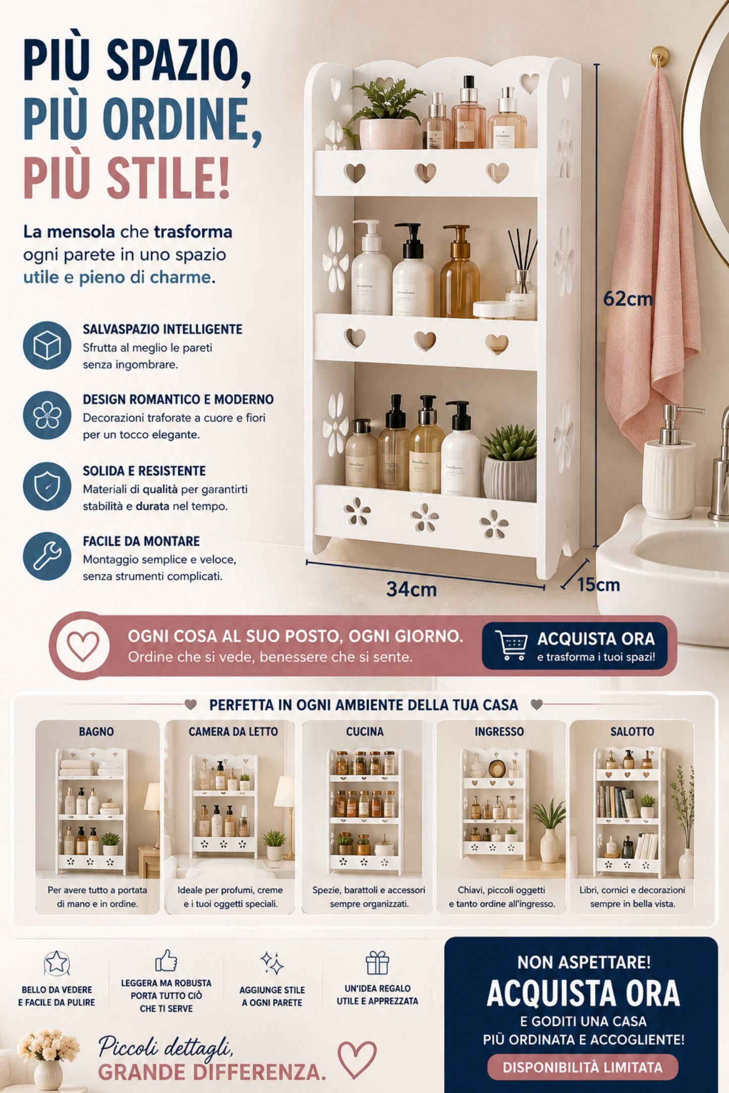 Scaffale a Ripiani - Organizzatore Multiuso Bianco con Decorazioni a Cuori, Mensola Salvaspazio (34x62x15cm)