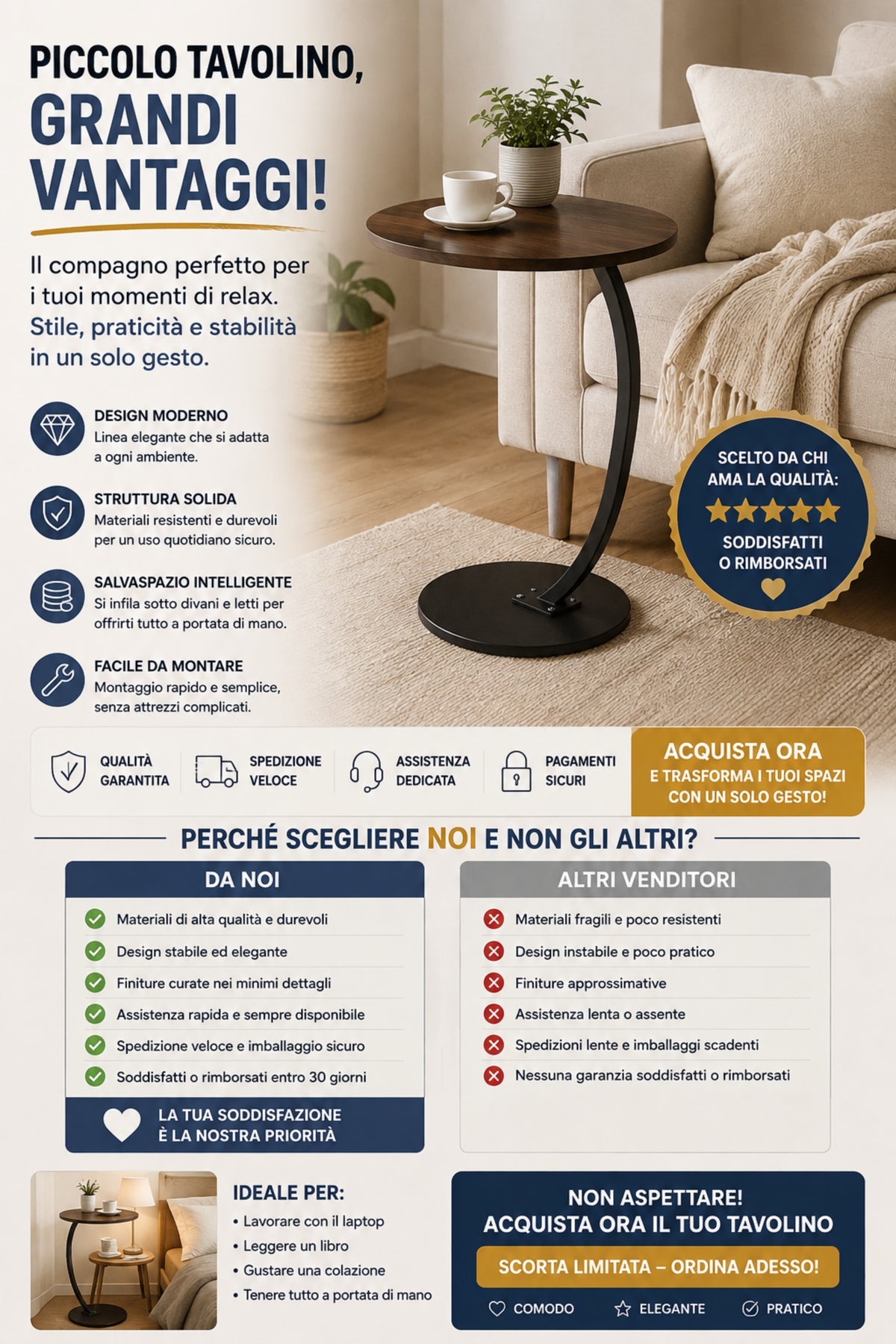 Tavolino Side Table Rotondo Design Curvo - Tavolo d'Appoggio Moderno per Divano, Ø40x62 cm