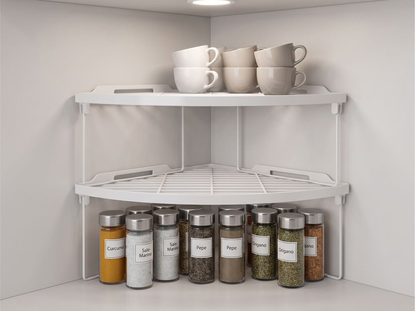 Ripiano Angolare Salvaspazio per Cucina e Dispensa, Bianco - 34x22x15 cm