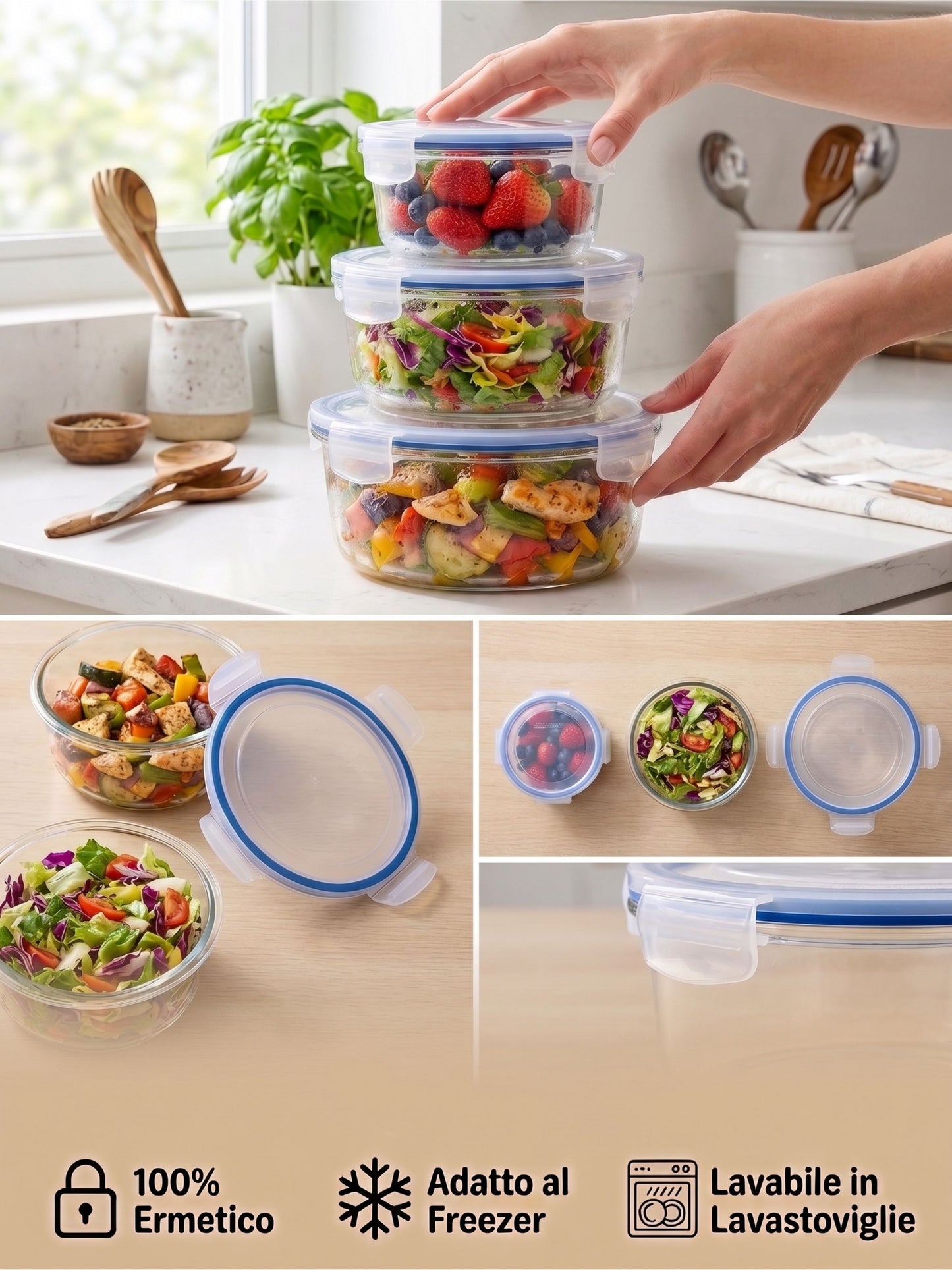Set 3 Contenitori Ermetici Rotondi in Vetro (390ml, 650ml, 960ml)