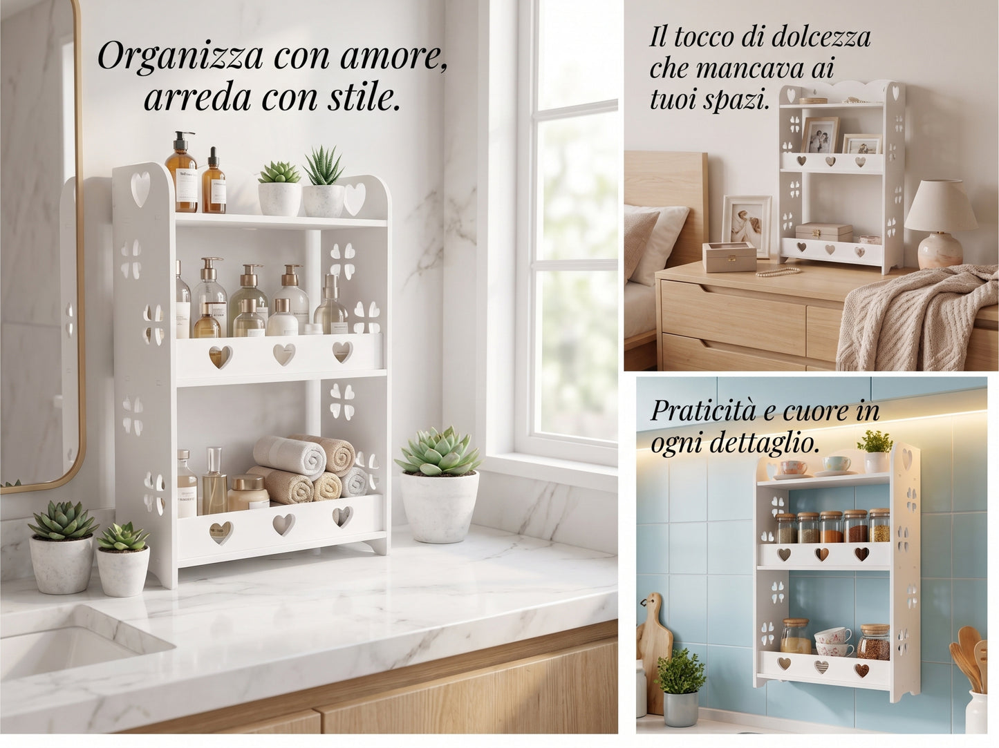 Scaffale a Ripiani - Organizzatore Multiuso Bianco con Decorazioni a Cuori, Mensola Salvaspazio (34x62x15cm)