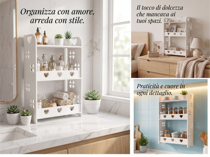 Scaffale a Ripiani - Organizzatore Multiuso Bianco con Decorazioni a Cuori, Mensola Salvaspazio (34x62x15cm)