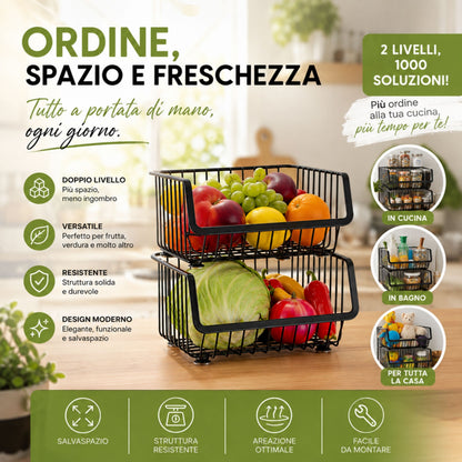 Cestino Porta Frutta e Verdura a 2 Piani - Organizzatore Impilabile in Metallo Nero
