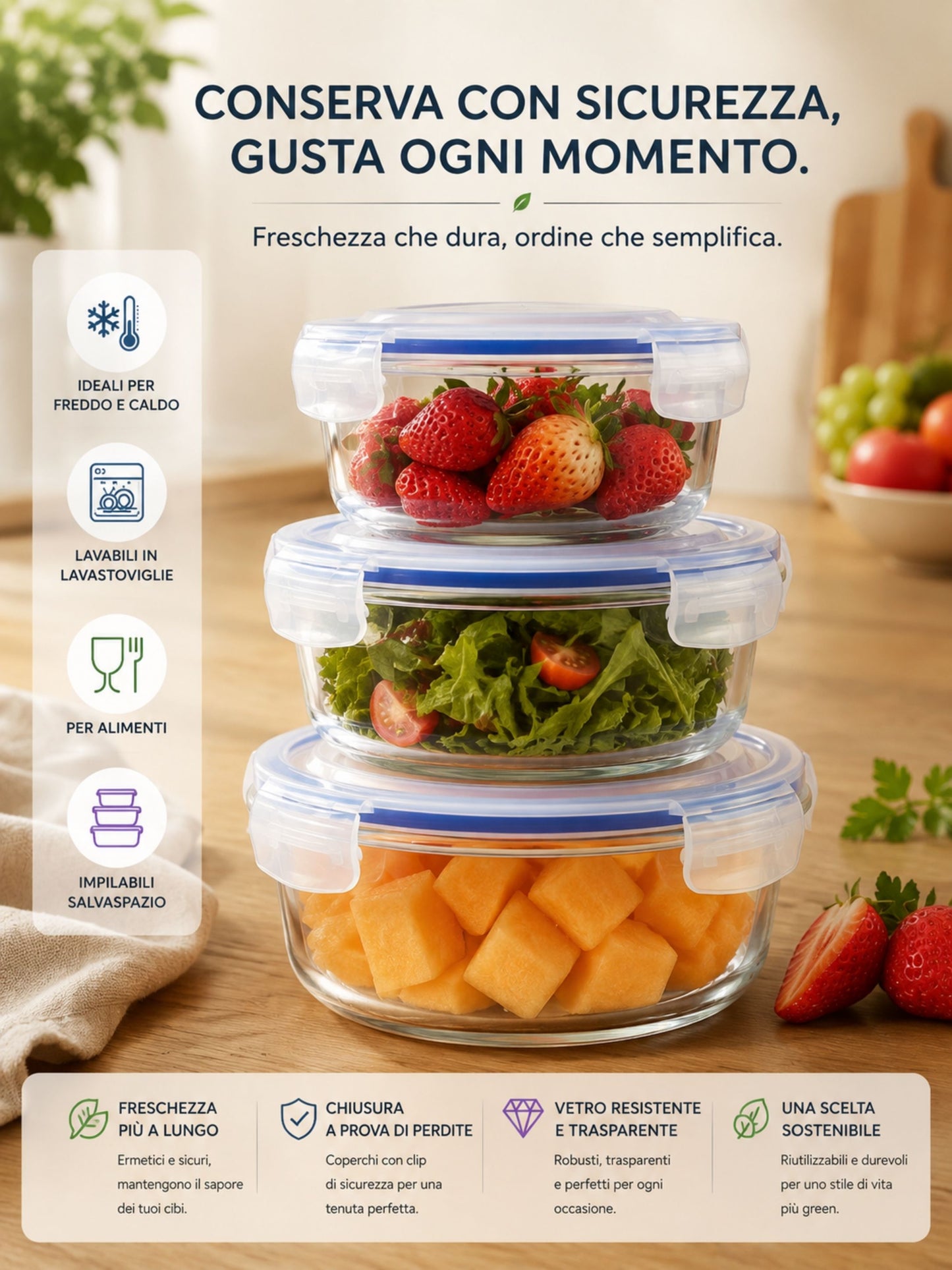 Set 3 Contenitori Ermetici Rotondi in Vetro (390ml, 650ml, 960ml)