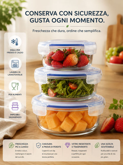 Set 3 Contenitori Ermetici Rotondi in Vetro (390ml, 650ml, 960ml)
