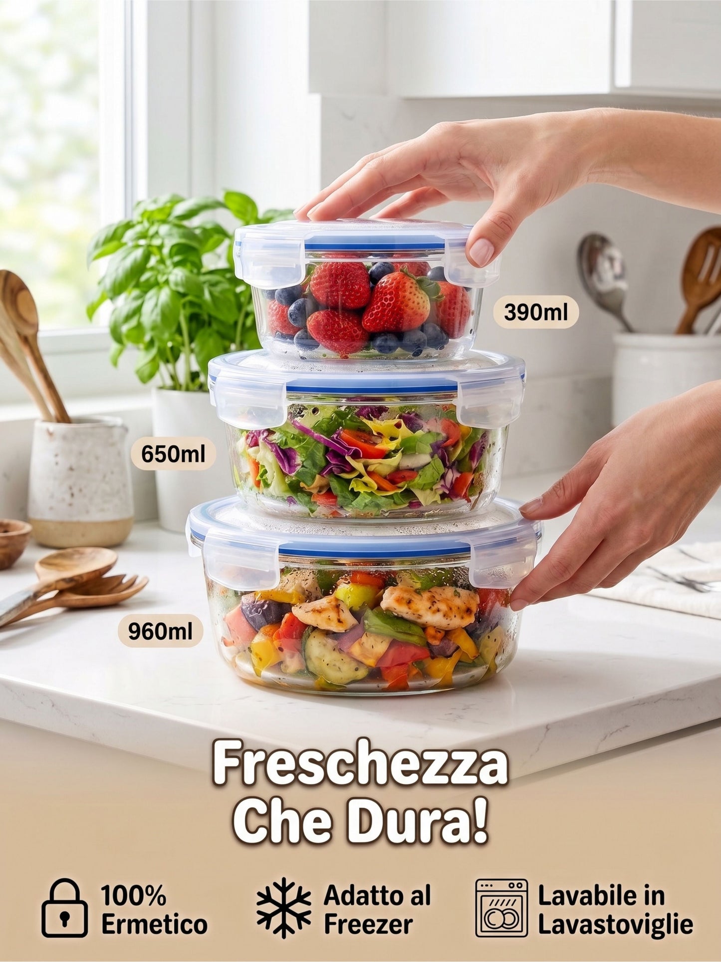 Set 3 Contenitori Ermetici Rotondi in Vetro (390ml, 650ml, 960ml)