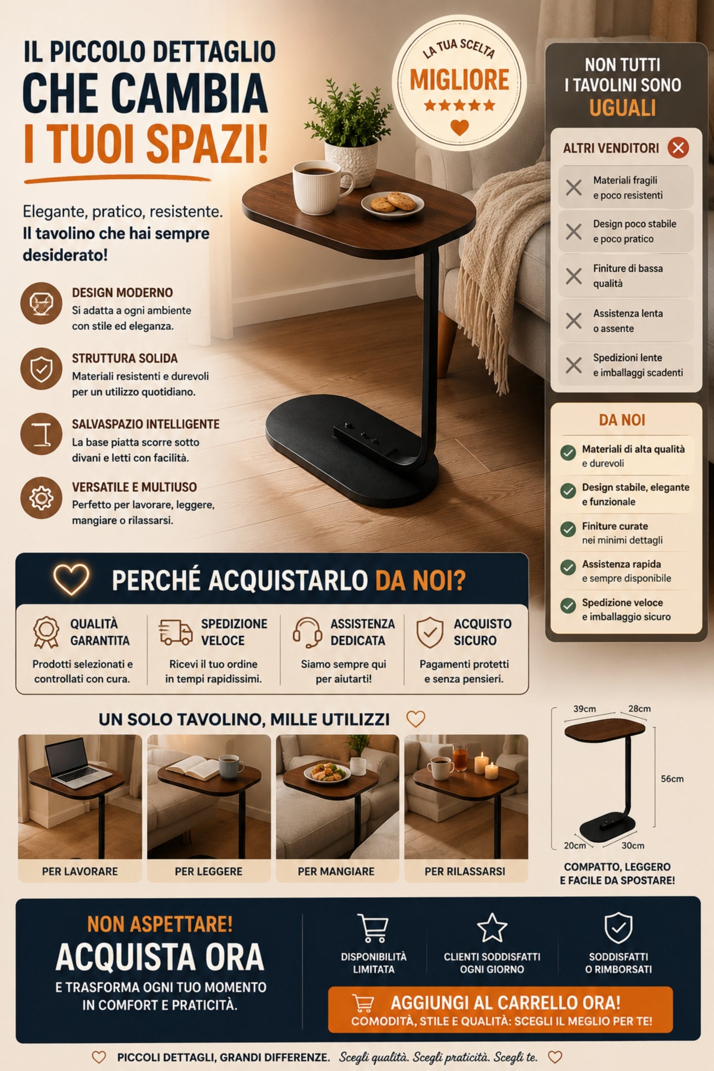 Tavolino Side Table Moderno per Divano - Tavolo d'Appoggio Salvaspazio Design Industriale, 39x28x56 cm