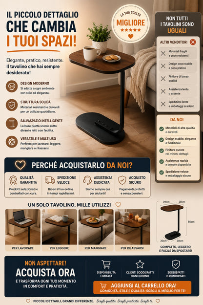Tavolino Side Table Moderno per Divano - Tavolo d'Appoggio Salvaspazio Design Industriale, 39x28x56 cm