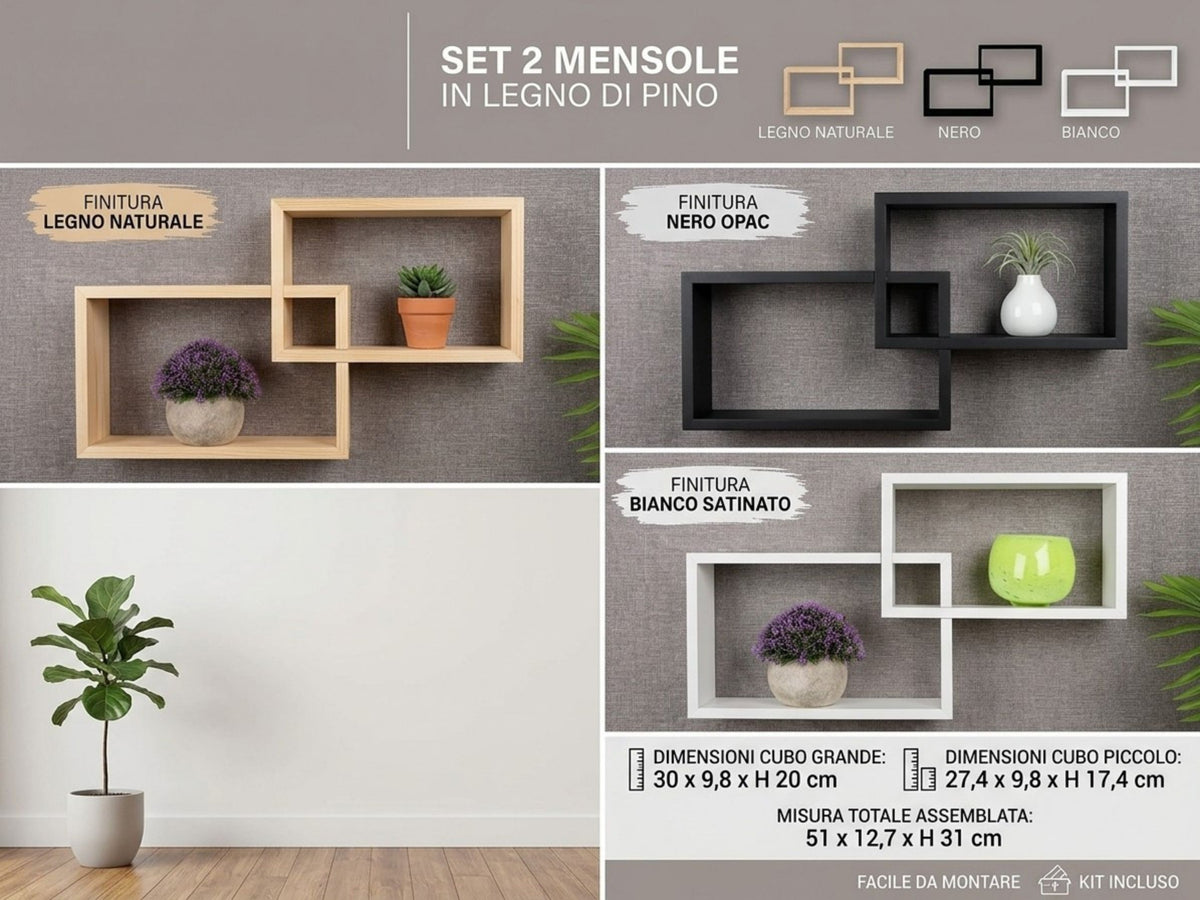 Set 2 Mensole da Muro a Cubo Incrociato in Legno di Pino - Design Moderno