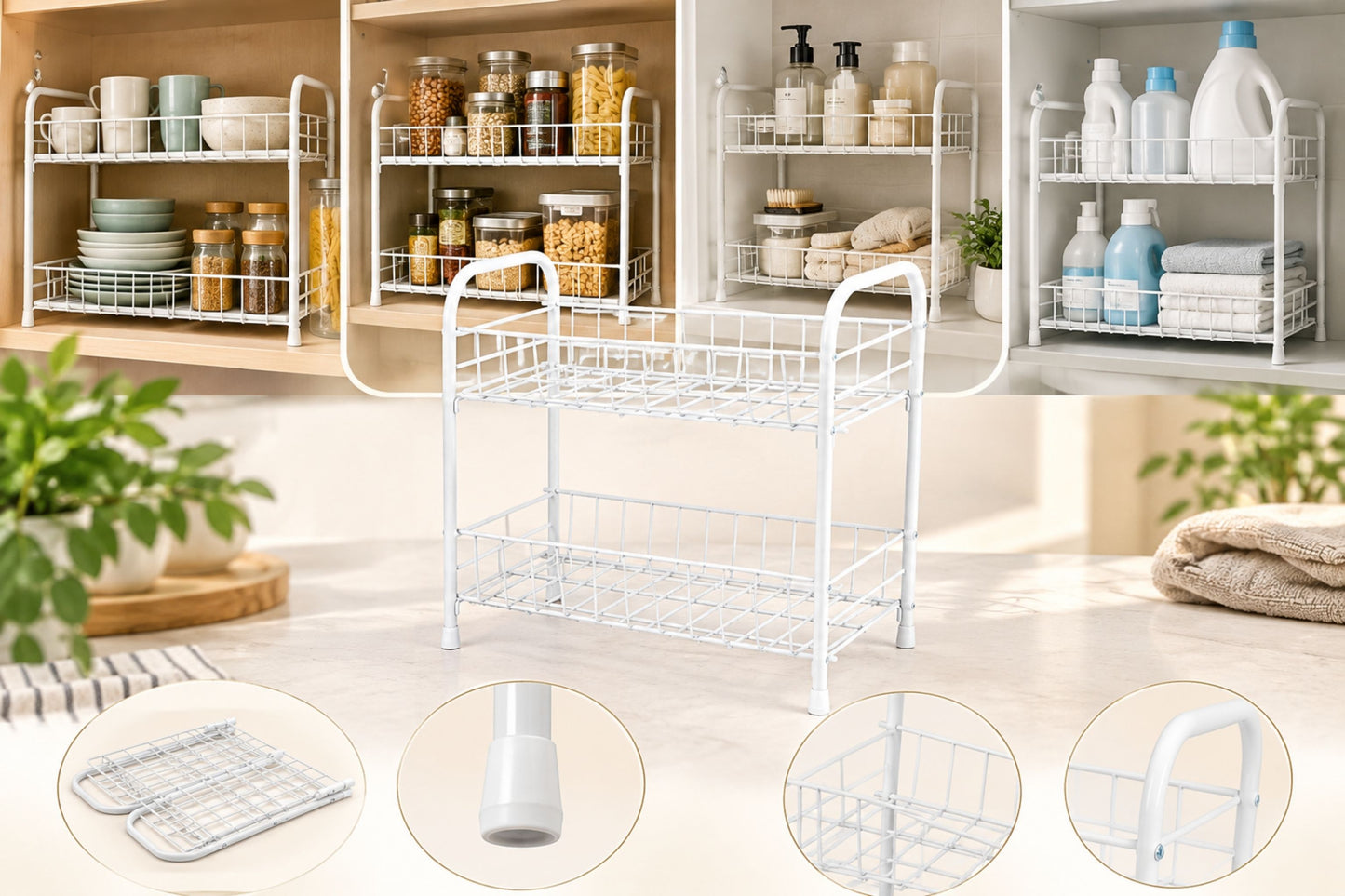 Organizer a 2 Ripiani in Metallo per Cucina e Bagno, Bianco - 32x20x36 cm