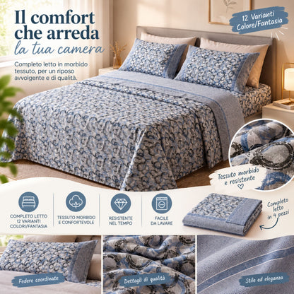 Completo Letto Matrimoniale in Misto Cotone - Set 4 Pezzi