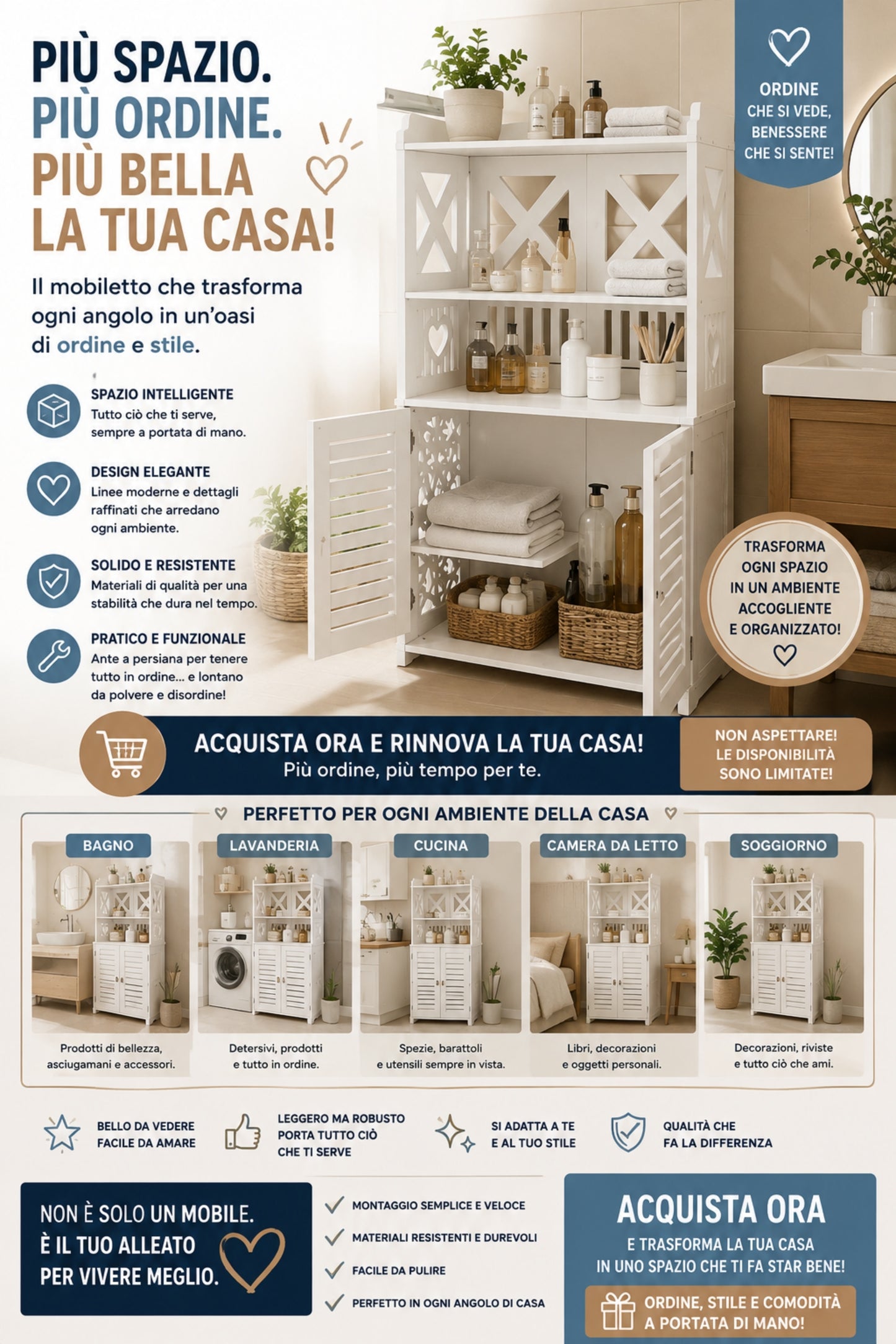 Mobiletto Organizzatore - Armadietto Multiuso con Ante e Ripiani a Vista (40x90x25 cm)