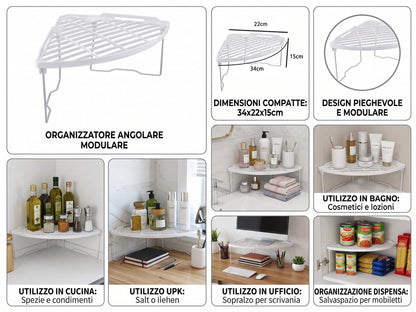 Ripiano Angolare Salvaspazio per Cucina e Dispensa, Bianco - 34x22x15 cm