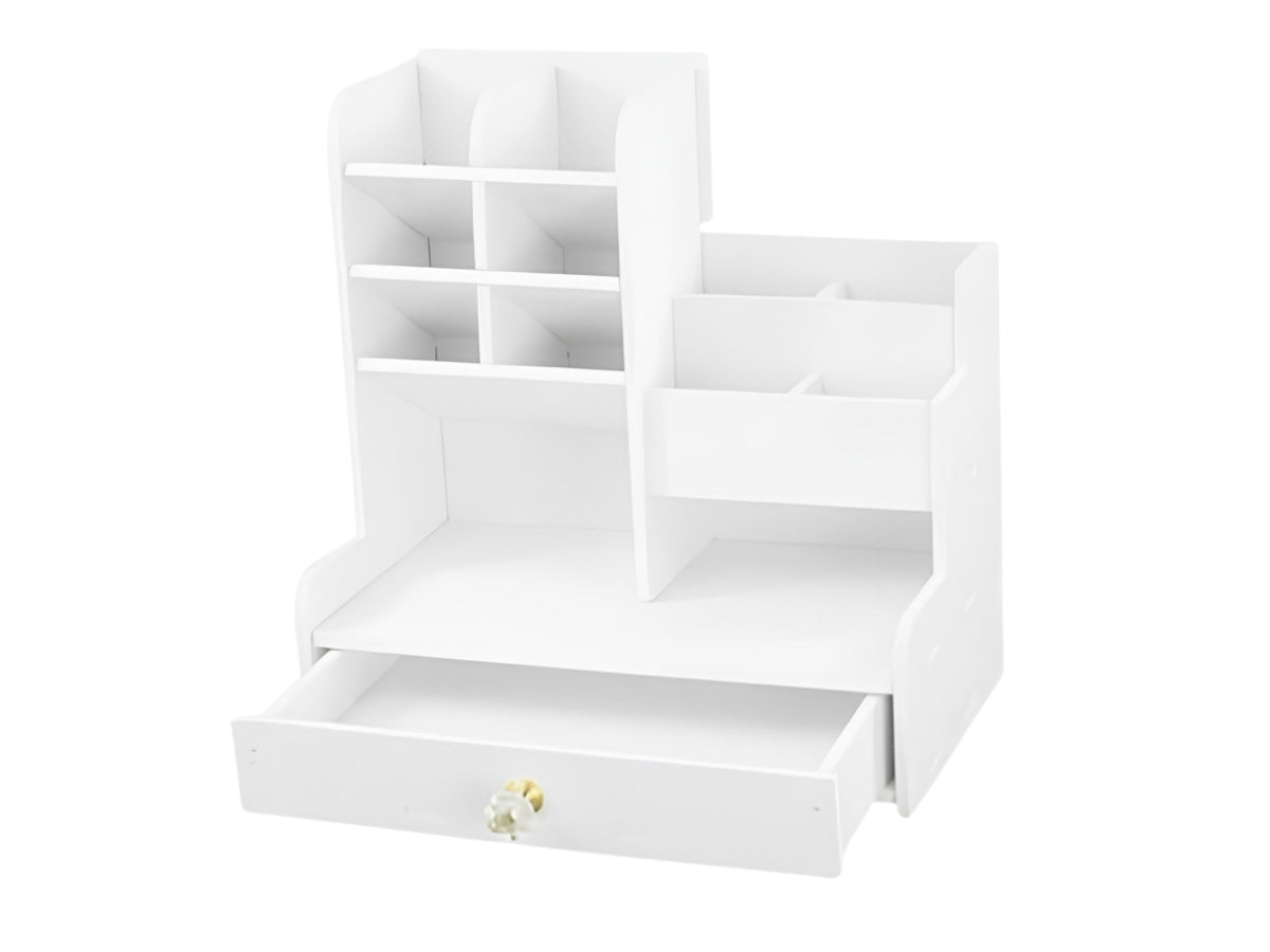 Organizer Multiuso da Scrivania e Porta Trucchi Bianco con Cassetto | 24,5x25,5x15 cm