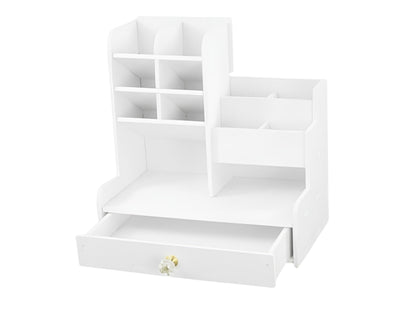 Organizer Multiuso da Scrivania e Porta Trucchi Bianco con Cassetto | 24,5x25,5x15 cm