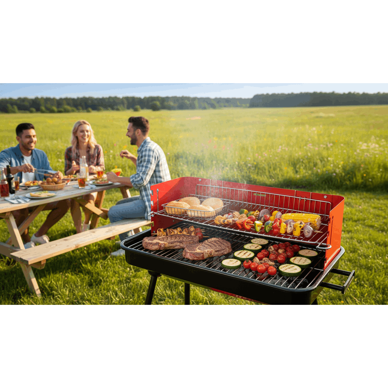 Barbecue a Carbonella Portatile BBQ con Ruote – Griglia in Metallo Resistente Rosso e Nero con Ripiano Laterale, Perfetto per Giardino, Terrazzo e Outdoor, 69 x 45 x 84 cm