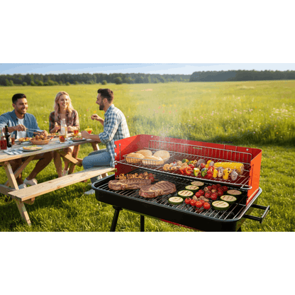 Barbecue a Carbonella Portatile BBQ con Ruote – Griglia in Metallo Resistente Rosso e Nero con Ripiano Laterale, Perfetto per Giardino, Terrazzo e Outdoor, 69 x 45 x 84 cm