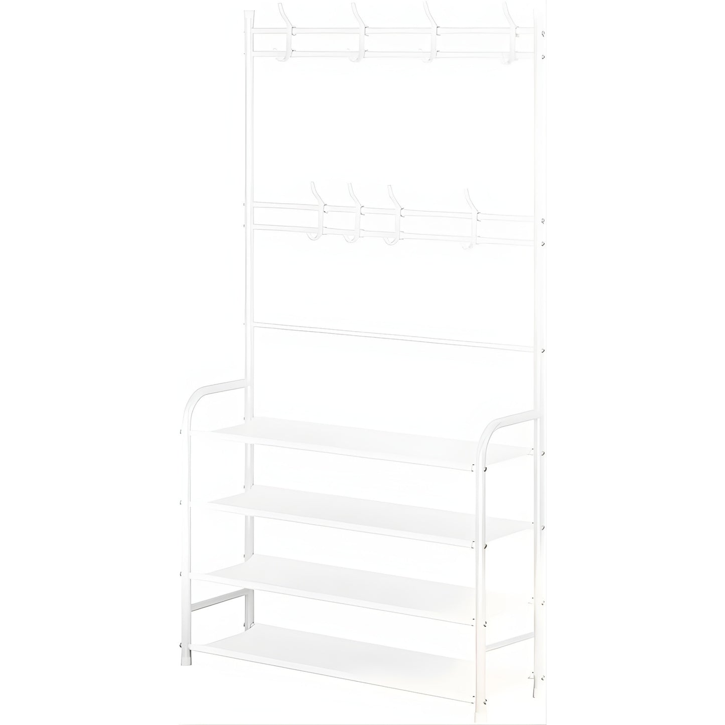 Appendiabiti Multifunzionale con Scarpiera a 4 Ripiani, Portabiti con Ganci, Struttura in Metallo 153cm – Organizer Salvaspazio per Ingresso, Camera, Corridoio