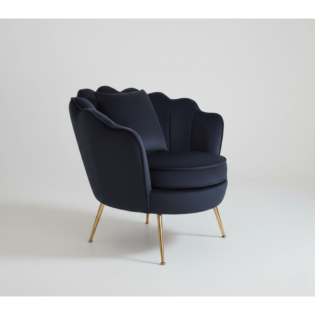 Poltrona Design Conchiglia Velluto Nero + Cuscino. Gambe Metallo Oro. Sedia Imbottita Scalloped Chair per Camera, Angolo Beauty e Salotto. Stile Moderno Vintage. 70x67x75cm