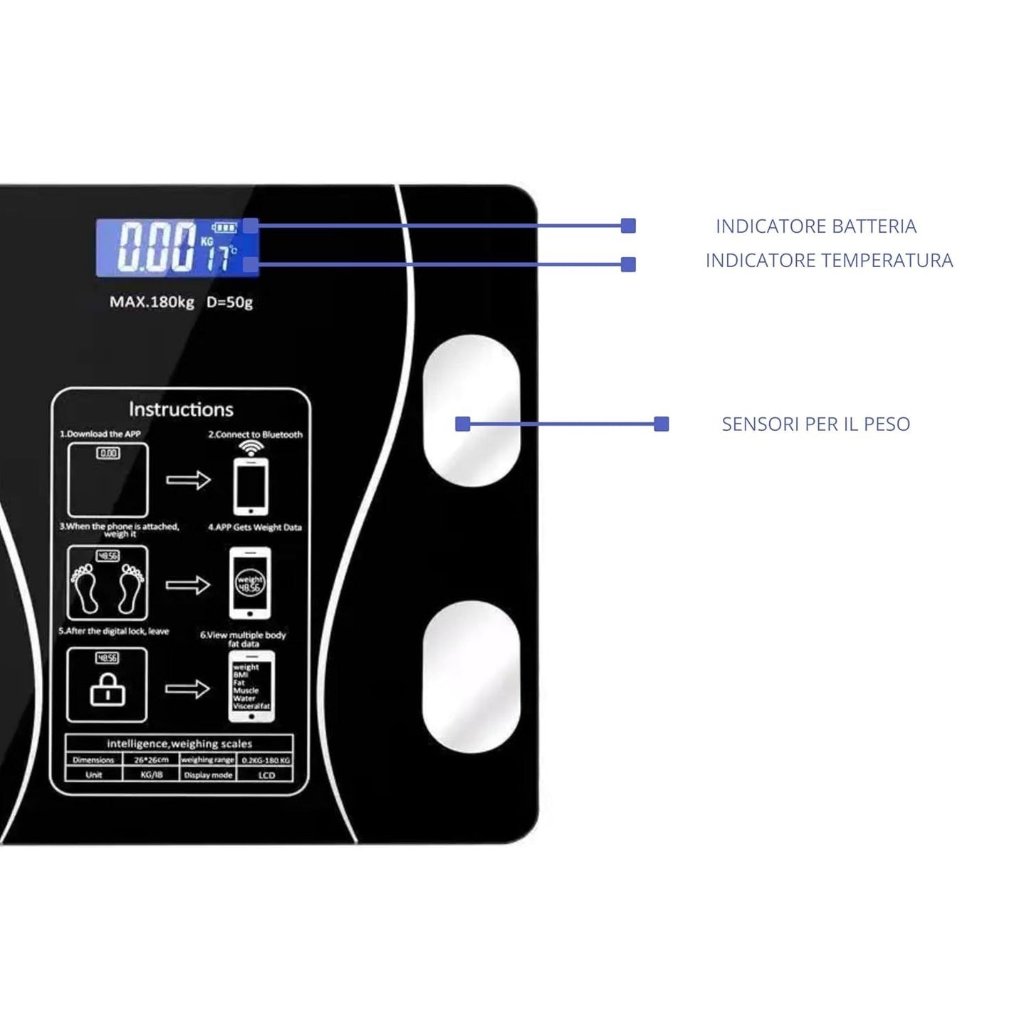 Bilancia Pesapersone Digitale Bluetooth Professionale con Analisi della Composizione Corporea, Display LCD ad Alta Leggibilità, Capacità Massima 180 kg, Nero