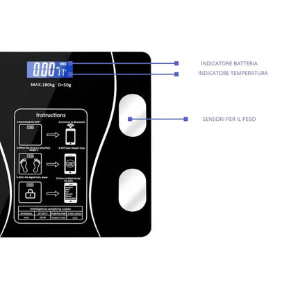 Bilancia Pesapersone Digitale Bluetooth Professionale con Analisi della Composizione Corporea, Display LCD ad Alta Leggibilità, Capacità Massima 180 kg, Nero