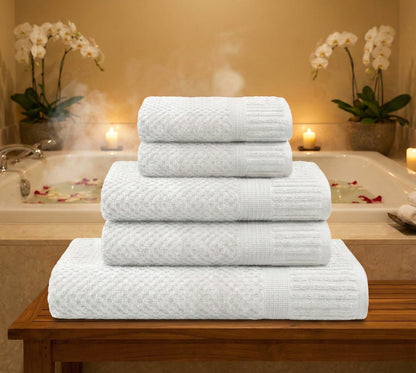 Set 5 Asciugamani Bianchi 500 GSM Cotone. Kit Bagno Hotel Spa: 1 Telo Doccia 90x140, 2 Viso 50x100, 2 Ospite 40x60. Spugna Bianca Assorbente Alta Qualità. Biancheria Casa Lussuosa Resistente.