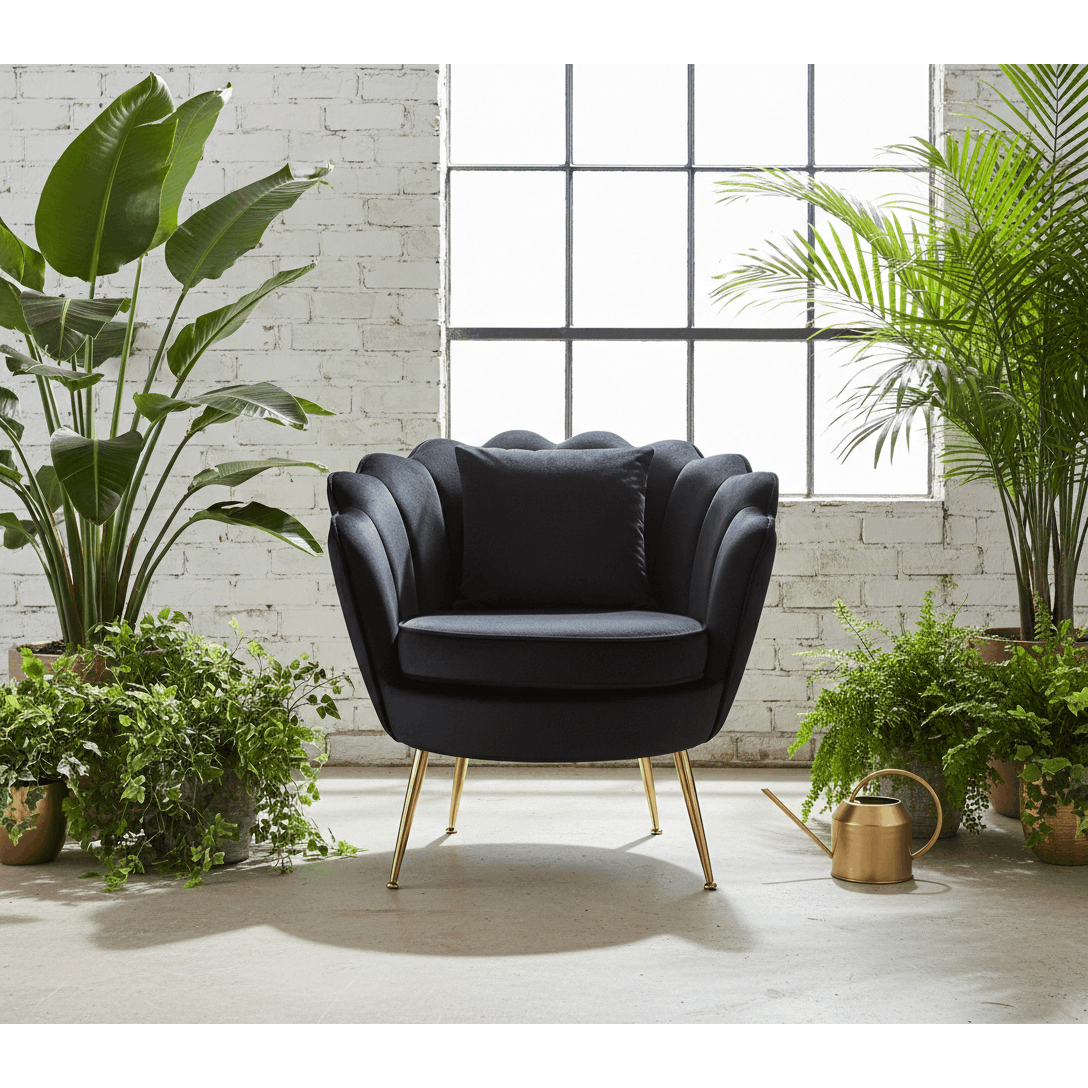 Poltrona Design Conchiglia Velluto Nero + Cuscino. Gambe Metallo Oro. Sedia Imbottita Scalloped Chair per Camera, Angolo Beauty e Salotto. Stile Moderno Vintage. 70x67x75cm