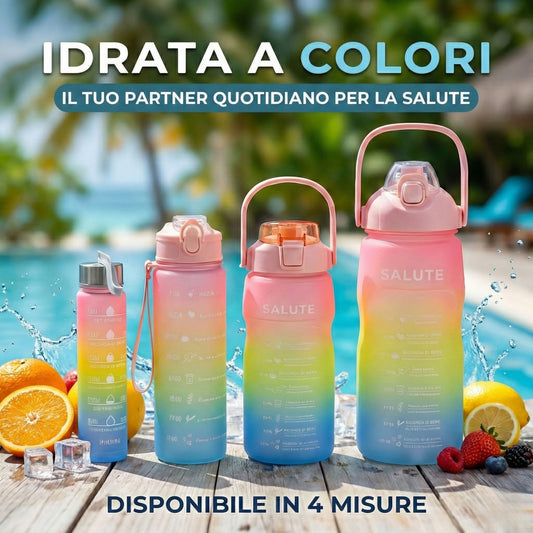 Kit 4 pezzi Borraccia Sportiva Motivazionale con Indicatori Orari 280ml 800ml 1500ml 3300ml – Bottiglia Acqua con Cannuccia, Manico e Chiusura Antigoccia – Ideale per Palestra, Fitness, Trekking, Scuola e Ufficio – Colori Assortiti