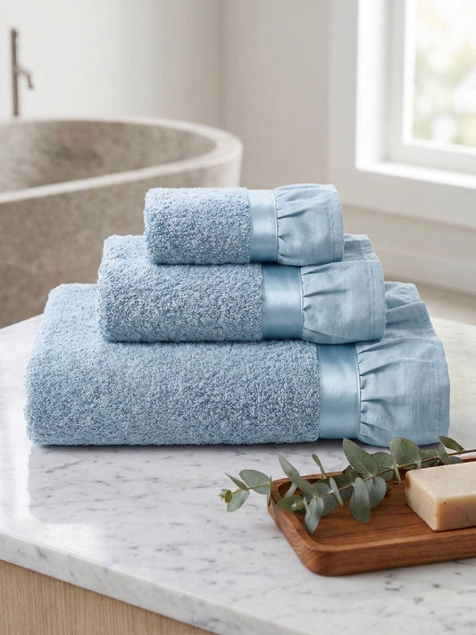 Set 3 Asciugamani Bagno in Spugna 500gsm con Balza Volant Shabby Chic, 12 Colori