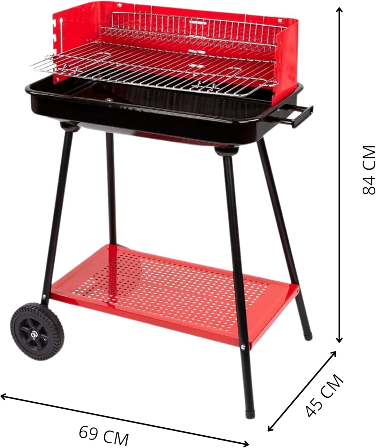 Barbecue a Carbonella Portatile BBQ con Ruote – Griglia in Metallo Resistente Rosso e Nero con Ripiano Laterale, Perfetto per Giardino, Terrazzo e Outdoor, 69 x 45 x 84 cm