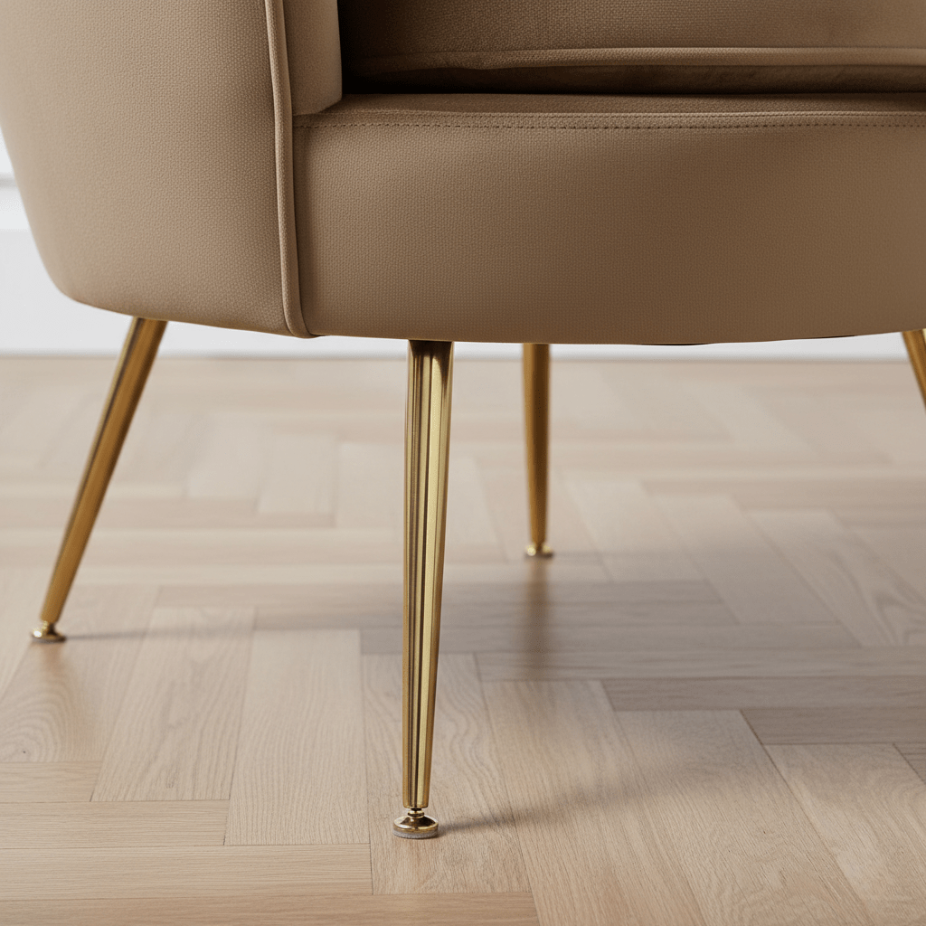 Poltrona a Conchiglia in Velluto Marrone con Cuscino. Gambe in Metallo Dorato. Design Moderno Glamour per Salotto, Camera e Vanity. Seduta Imbottita ed Ergonomica. Misure 70x67x75cm. Stile Vintage Chic.