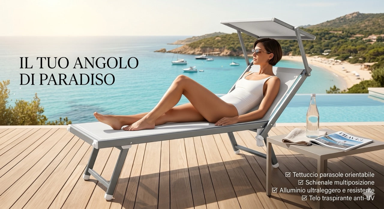 Lettino Prendisole Pieghevole con Parasole Regolabile, Struttura in Alluminio Leggero