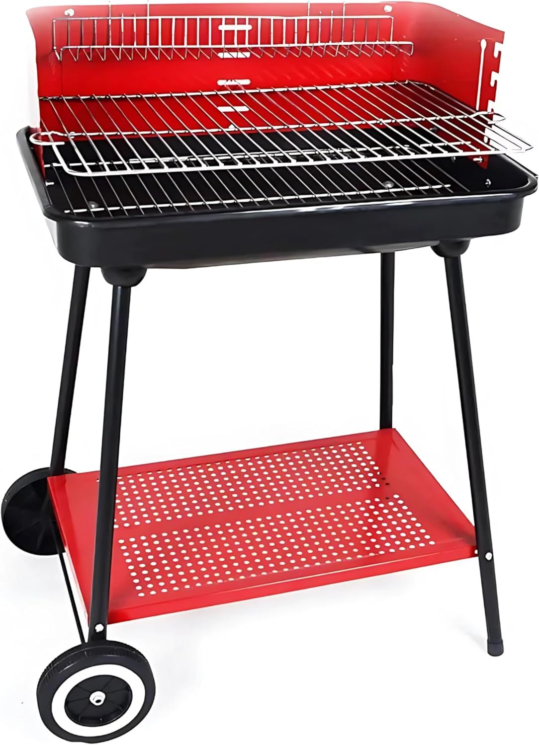 Barbecue a Carbonella Portatile BBQ con Ruote – Griglia in Metallo Resistente Rosso e Nero con Ripiano Laterale, Perfetto per Giardino, Terrazzo e Outdoor, 69 x 45 x 84 cm