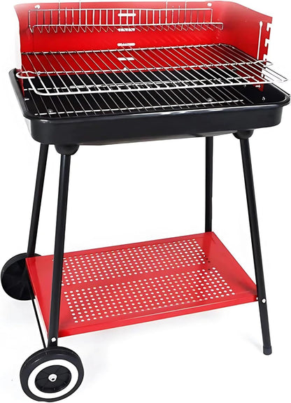 Barbecue a Carbonella Portatile BBQ con Ruote – Griglia in Metallo Resistente Rosso e Nero con Ripiano Laterale, Perfetto per Giardino, Terrazzo e Outdoor, 69 x 45 x 84 cm
