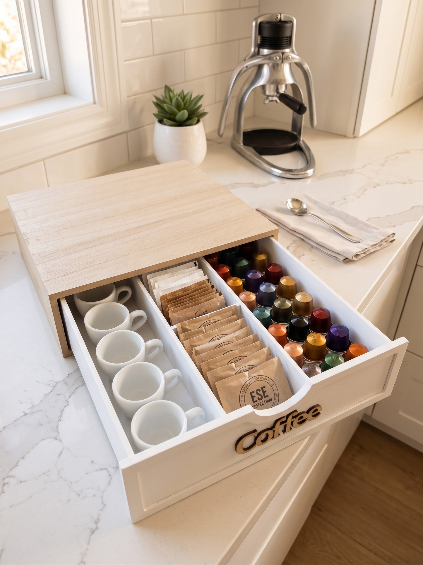 Cassetto Porta Cialde e Capsule in Legno con 3 Scomparti - Base per Macchina da Caffè (30x30x10 cm)