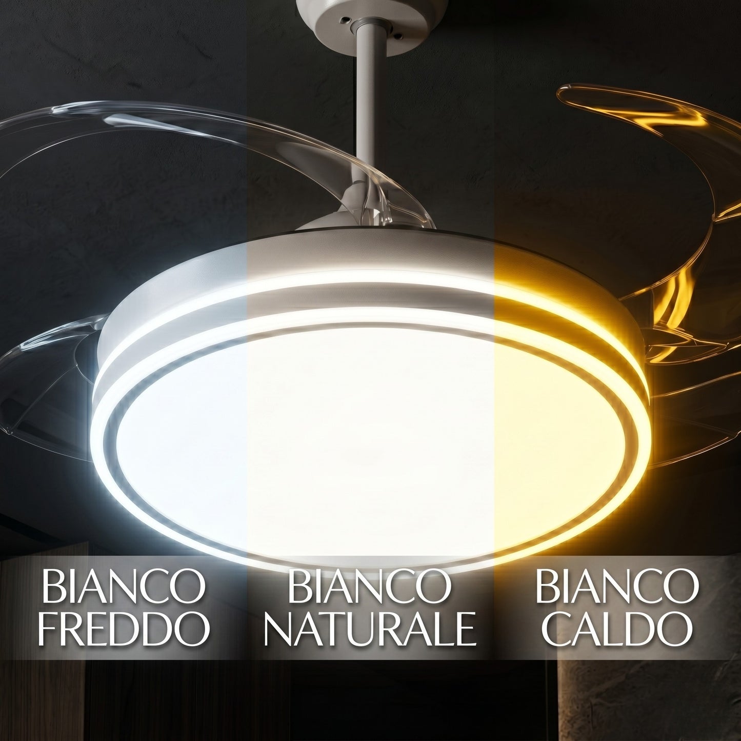 Ventilatore da Soffitto 108 cm con Pale a Scomparsa, Luce LED Dimmerabile e Telecomando - Bianco