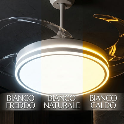 Ventilatore da Soffitto 108 cm con Pale a Scomparsa, Luce LED Dimmerabile e Telecomando - Bianco