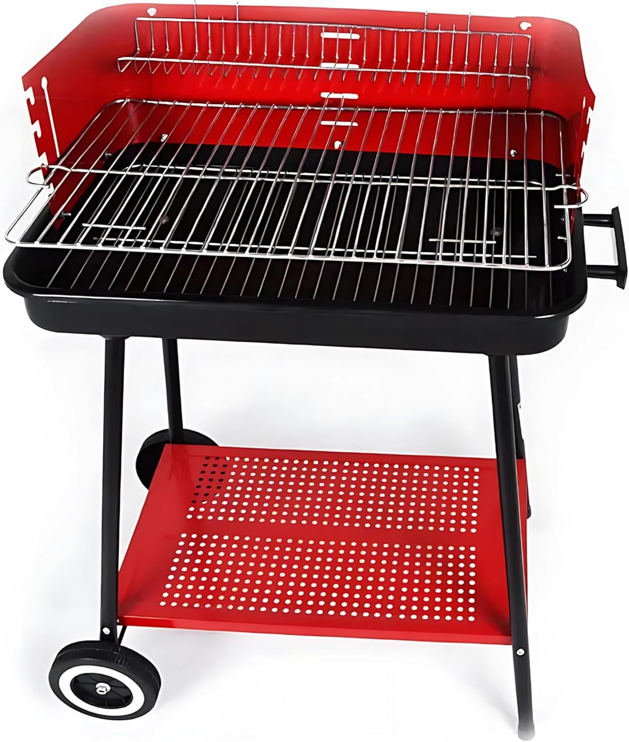 Barbecue a Carbonella Portatile BBQ con Ruote – Griglia in Metallo Resistente Rosso e Nero con Ripiano Laterale, Perfetto per Giardino, Terrazzo e Outdoor, 69 x 45 x 84 cm
