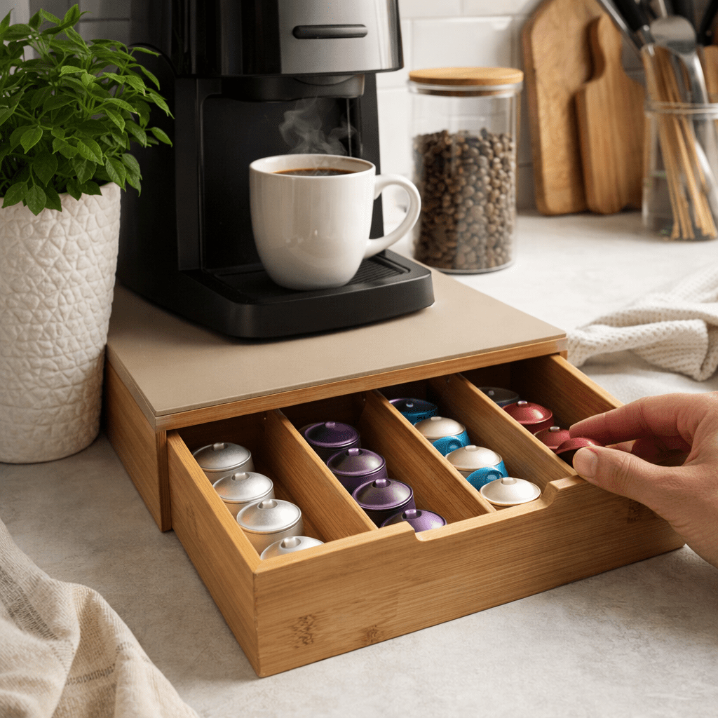 Porta Cialde in Bambù con Cassetto – Organizer Elegante per Cialde, Capsule e Tisane