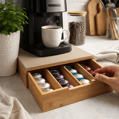 Porta Cialde in Bambù con Cassetto – Organizer Elegante per Cialde, Capsule e Tisane