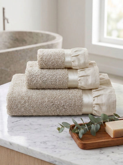 Set 3 Asciugamani Bagno in Spugna 500gsm con Balza Volant Shabby Chic, 12 Colori