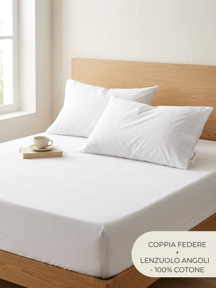 Set Letto 3 Pezzi in 100% Puro Cotone: Lenzuolo con Angoli + 2 Federe