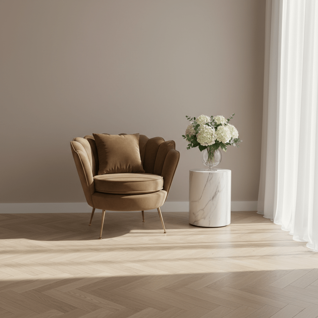 Poltrona a Conchiglia in Velluto Marrone con Cuscino. Gambe in Metallo Dorato. Design Moderno Glamour per Salotto, Camera e Vanity. Seduta Imbottita ed Ergonomica. Misure 70x67x75cm. Stile Vintage Chic.